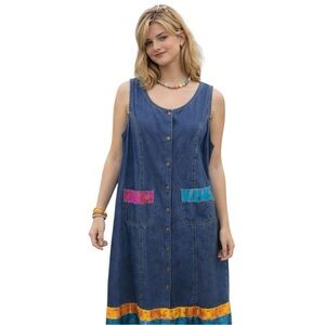 Agazu Collection Vintage Denim Dress Button Front Sleeveless Color Block Sz L